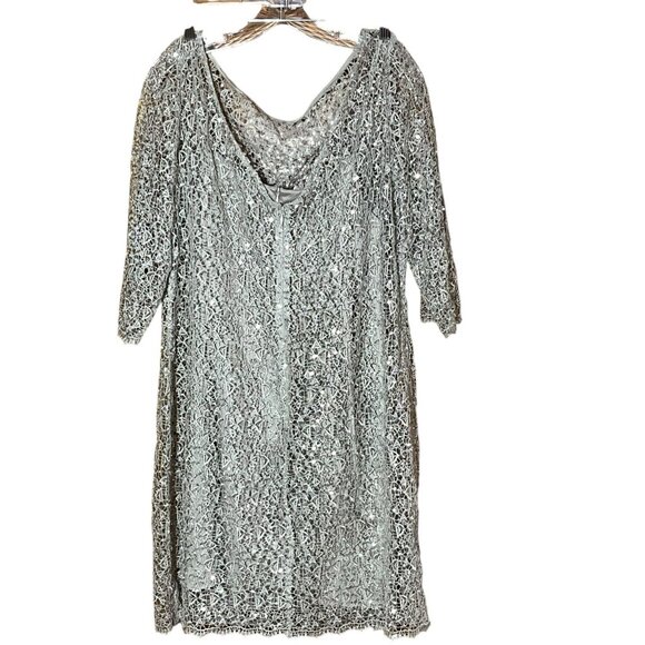 Kay Unger Silver Satin Sheath Dress Lace Sequin Overlay Sz 18 Party NYE Festive - Picture 4 of 7